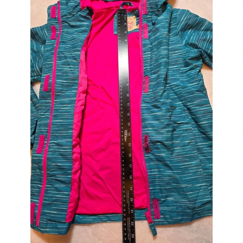 297. Faded Glory Girls M 7-8 Teal Pink Hooded Jacket Lightweight Striped Full...